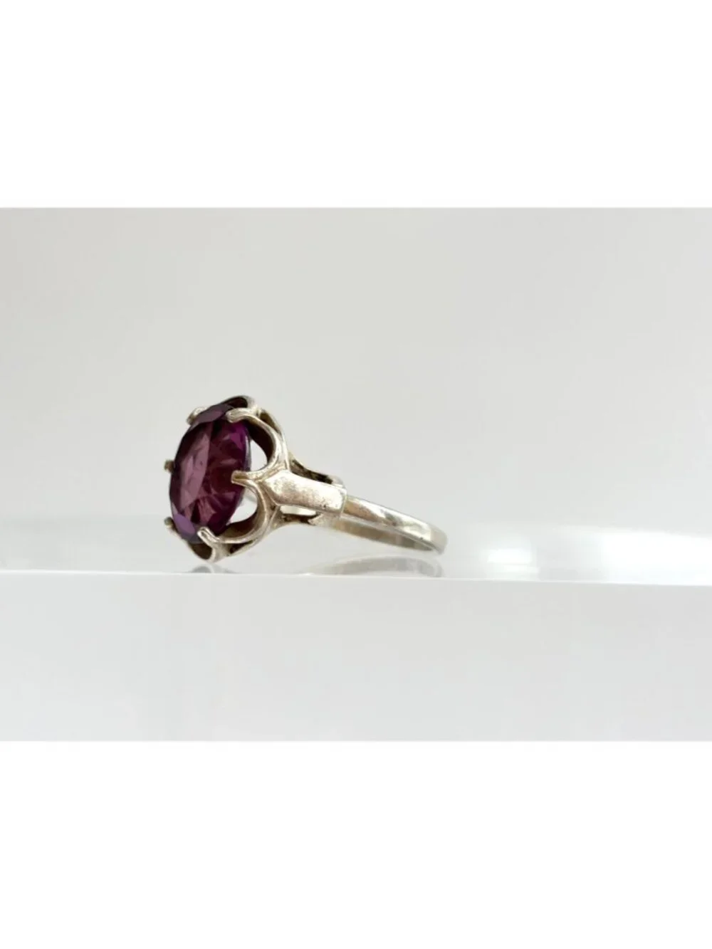 Amethyst Gemstone Scalloped Floral Sterling Silver 925 Vintage Ring - sz 7.5